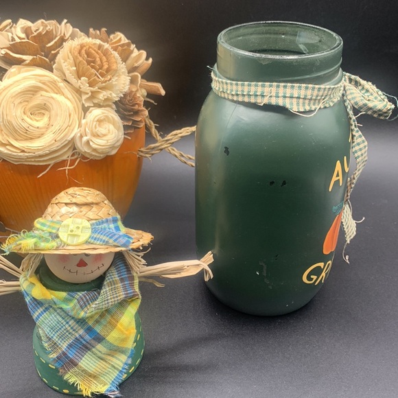 Fall Autumn Decor Hand Painted Jar Terra Cotta Scarecrow Wood Flower Pumpkin Pot - Picture 2 of 4